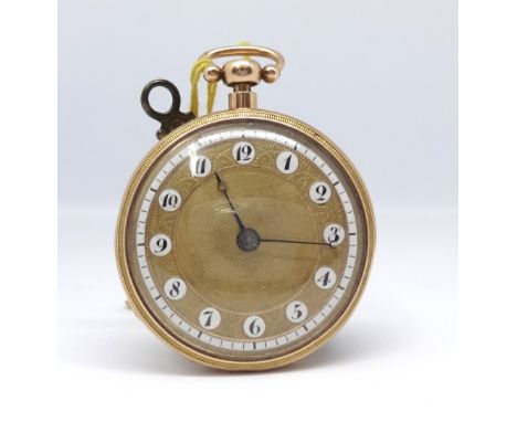 An 18k French open face key wind pocket watch, the gilt and enamel dial with arabic numerals, the inner back plate marked 'No