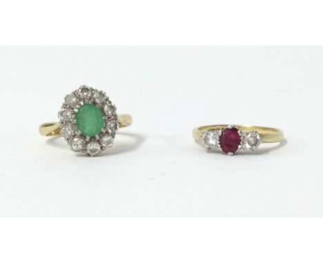 An 18ct ruby and diamond ring, size M together with an 18ct diamond and greenstone ring, size M.