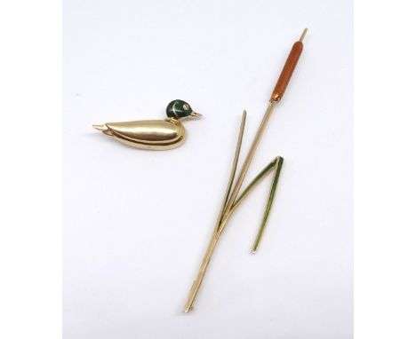 A modern 18ct gold and enamel duck brooch and a 18ct water reed brooch, approx 12.30gms (2).