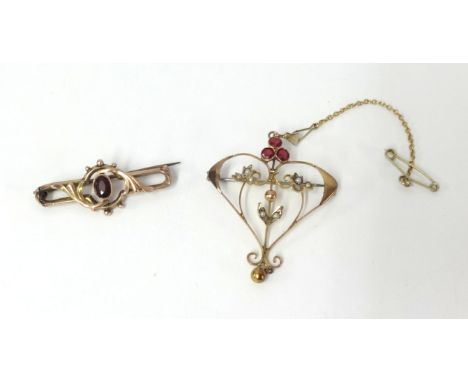 A 9ct gold ruby and seed pearl pendant brooch together with a yellow gold brooch (2).