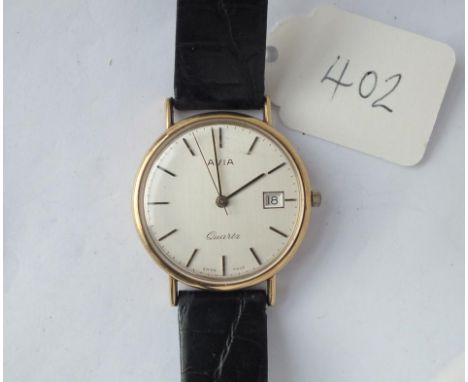 An Avia quartz gents wristwatch in 9ct with seconds sweep and calendar dial