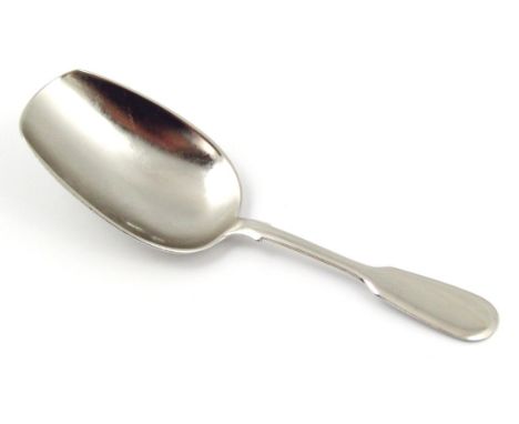 An early 20thC Russian caddy spoon, by Ivan Butuzov, stylised fiddleback pattern with plain bowl, with leaf and stem decorati