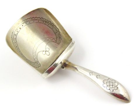 A George III silver caddy spoon, by J Thornton, with shaped part etched handle and shovel bowl, partially engraved, Birmingha