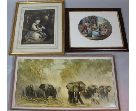 After W Palmer and Bartolozzi.  Hunt The Slipper, stipple engraving print, oval, 34cm x 46cm, a David Shepherd print, elephan