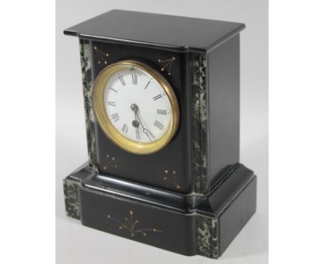 A late Victorian black slate and marble mantel clock, the 10cm Roman numeric dial with single winding hole in shaped case, 25