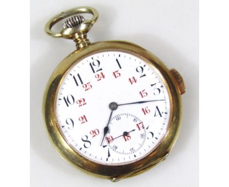 A pocket watch, with white enamel dial, and seconds dial, bezel wind, yellow metal, marked 800, with Aroma movement, 88.5g al