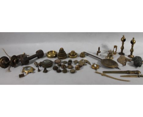 Brassware, metalware etc., graduated weight sets, paper knife, 26cm wide, dumbbells, shaped Salter weight, other ornaments, w