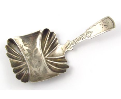 A George IV silver caddy spoon, possibly J Collins, with etched stylised fiddleback pattern handle and partially etched shape