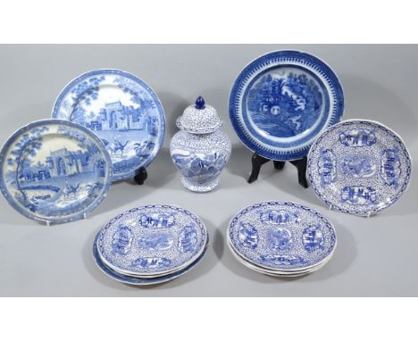Various early 19thC blue and white pottery, to include a matched suite of Rogers plates, figure on camel before building, 28c
