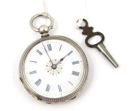 A silver fob watch, with white enamel dial, central gold coloured flower design, blue hands, key wind, in a floral engraved c
