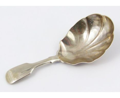 A Victorian Exeter silver caddy spoon, by J & J Williams, fiddleback pattern with shaped leaf bowl, 1854, 10cm wide 