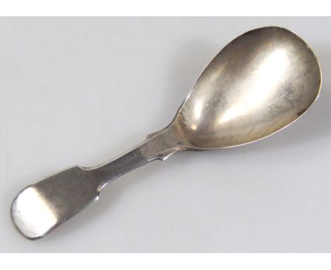 A Victorian silver caddy spoon, fiddleback pattern with plain bowl, Birmingham 1851, 9cm wide 