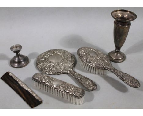 Various silver etc., to include a cylindrical tapering stem vase 15cm high, dwarf candlestick and a dressing table set, vario