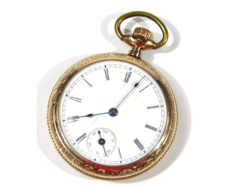 A fob watch, with white enamel dial, with blue hands, Roman numerals with seconds dial, bezel wind with floral designed case 