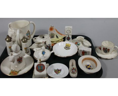 Various souvenir crested china, WH Goss Stoke-Upon-Trent figurehead tyg, 11cm high, oil lamp, various other pieces, cheese di