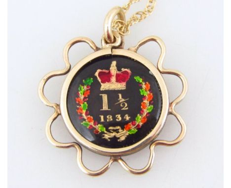 An enamel 1½ pence 1834 coin, in 9ct gold mount, on fine link chain, boxed. 