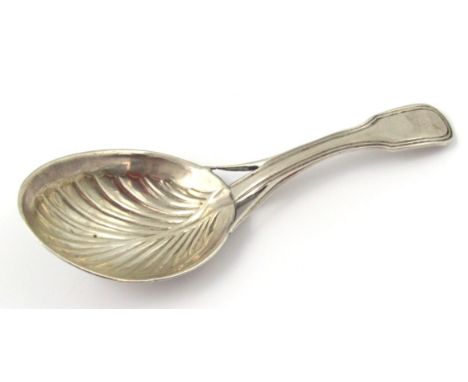 A George III silver caddy spoon, fiddleback pattern with feathered bowl, part pierced handle, London 1813, 10cm wide 