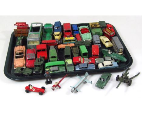 Various die-cast vehicles, to include Dinky Cadillac in pink, army vehicles, farm vehicles, buses, Lesney Maserati racing car