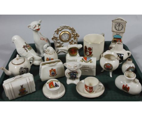 Various souvenir crested china, to include Retford Anvil, 9cm high, Barton -On-Humber trunk, Cheltenham Good Luck cat, makers