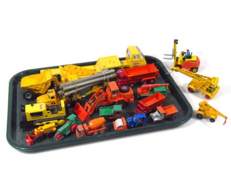 Various die-cast vehicles, unboxed, to include Matchbox Matra tractor shovel, in orange colour way, 6cm high, other heavy ind