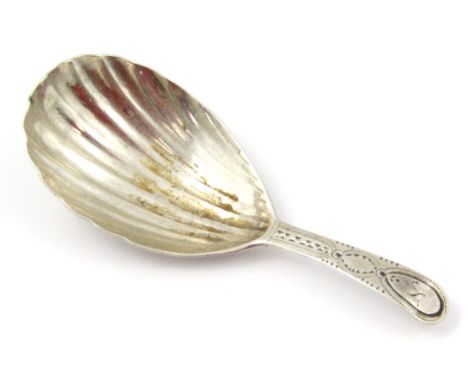 A George III silver caddy spoon, etched Old English pattern with feathered bowl, London 1794, 8cm wide 