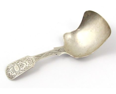 A Victorian silver caddy spoon, by Unite, with etched fiddleback pattern handle and shaped shovel bowl, Birmingham 1858, 9cm 