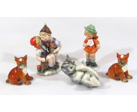 Various Goebel, Hummel and other style figures, to include seated dog, blue bee mark beneath, 9cm high, another similar, Goeb