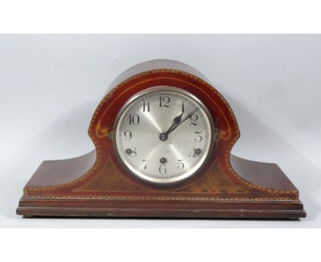 A very early 20thC mahogany, walnut and boxwood strung Napoleon hat mantel clock, the 15cm dia. Arabic dial revealing a key w
