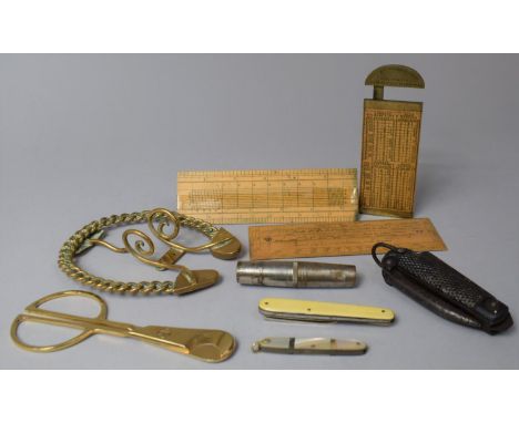 A Vintage Penknife, Three Scale Rules, Brassware, Folding Knife and Fork Set, Scissors etc 