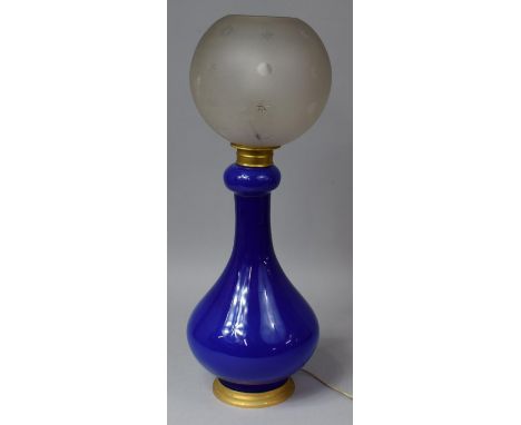 A Blue Glass Gilt Metal Vase Shaped Table Lamp with Opaque Glass Globular Shade, 57cm high 