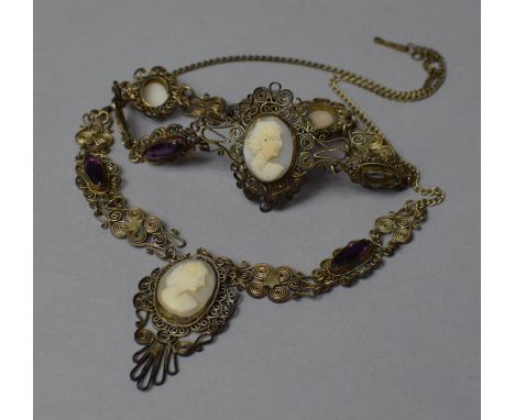 A Victorian Filigree Necklace and Bracelet Set Having Shell Cameos and Amethyst Glass Faceted Bead Embellishments 