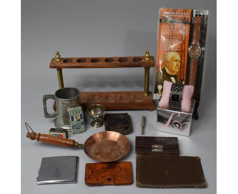 A Brass Mounted Wooden Pipe Rest, Various Sundries, Tankard, Wrist Watches etc 