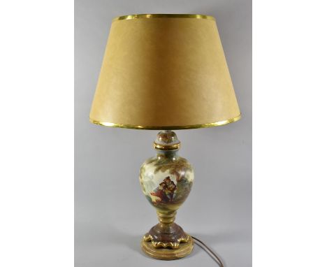 A Continental Ceramic Vase Shaped Table Lamp on Circular Onyx Base, the Body Decorated with 18th Century Style with Lovers Un