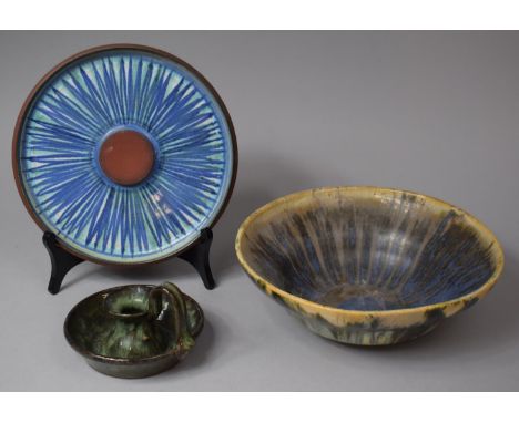 A Studio Pottery Glazed Terracotta Bedchamber Stick, A Candyware Bowl and Terracotta Blue Glazed Dish 