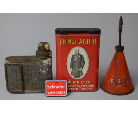 A Small Metal Oil Can, Vintage Rawlplug Blow Lamp and a Prince Albert Tobacco Tin etc 