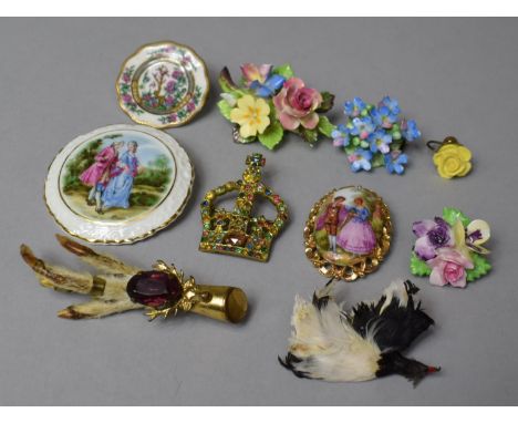 A Collection of Various Brooches to Include Scottish Grouse Foot Example, Ceramic Floral Example by Coalport and Limoges etc 