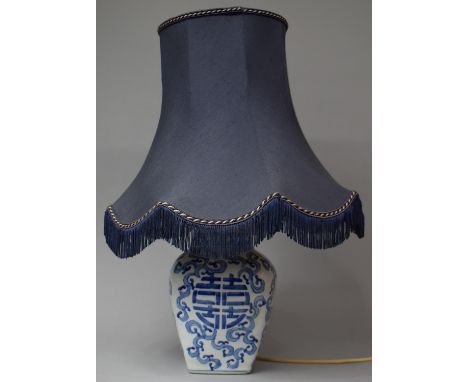 A Modern Blue and White Chinese Decorated Ceramic Table Lamp of Vase Form, Base 23cm High, Complete with Shade 