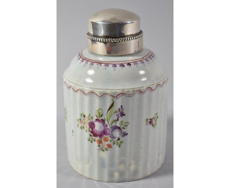 A 19th Century Glazed Cylindrical Tea Caddy with Silver Plated Lid and Painted Floral Decoration to Ribbed Body, 12.5cm High 