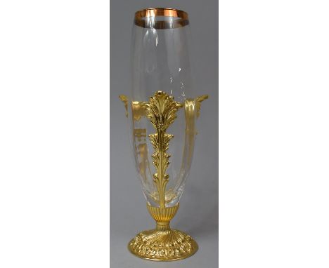 A Mid 20th Century Tall Glass Vase Housed in Gilt Metal Acanthus Tripod Support, 38.5cm high 