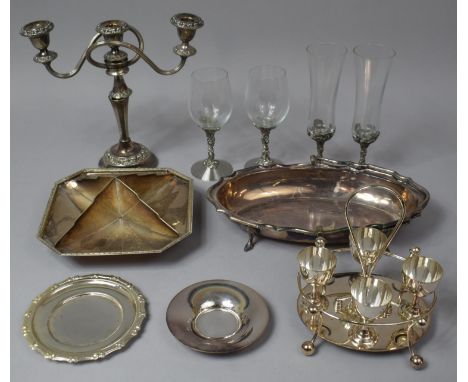 A Collection of Various Silver Plated Items to comprise Three Branch Candelabra, Serving Dishes and a Four Piece Egg Set (No 