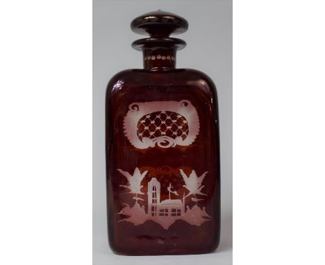 A Bohemian Overlaid Ruby Glass Flask Decorated with Stag and Building, 21cm high 