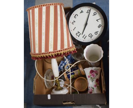 A Box Containing Various Ceramics and Glass, Table Lamp, Wall Clocks 