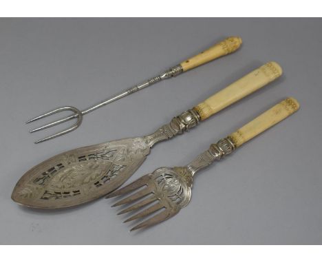 A Pair of Silver Plated Fish Servers and a Toasting Fork 