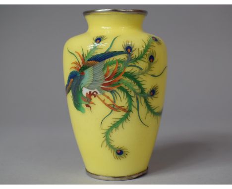 An Japanese Early/Mid 20th Century Cloisonné Vase with Peacock in Flight Decoration on Yellow Ground, 13cm High, Damage to En