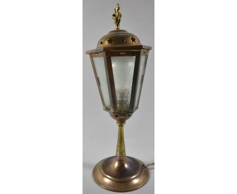 A Brass Table Lamp in the Form of a Hexagonal Lantern with Flame Finial, 36cm high 