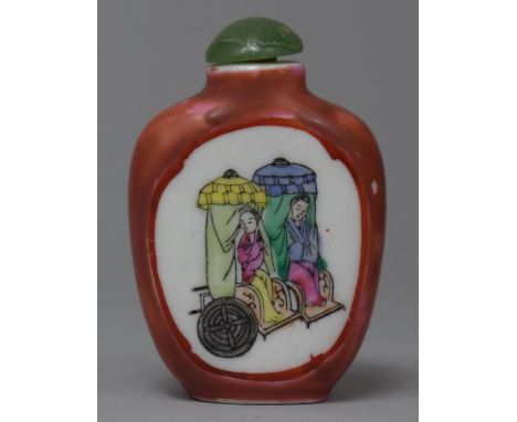 A Modern Chinese Ceramic Snuff Bottle with Jadeite Stopper, 7cm high 