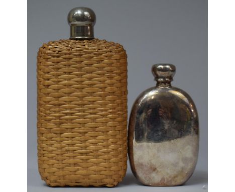 A Silver Plated Screw Top Hip Flask and a Wicker Covered Glass Example with Screw Top, the Latter 17cm high 