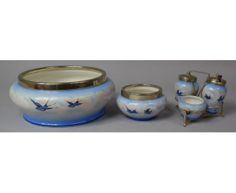 A Silver Plate Mounted Ceramic Set to Include Large and Small Bowl and a Three Piece Cruet 