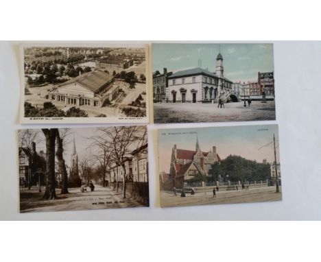 POSTCARDS, Leicester, topographical selection, inc. De Montfort Hall, Corn Exchange, Wyggeston Girls School &amp; cricket fie