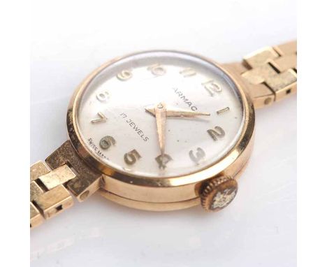 LADY'S NINE CARAT GOLD ARMAC COCKTAIL WATCH
seventeen jewels manual wind movement, the silvered dial with applied gilt Roman 